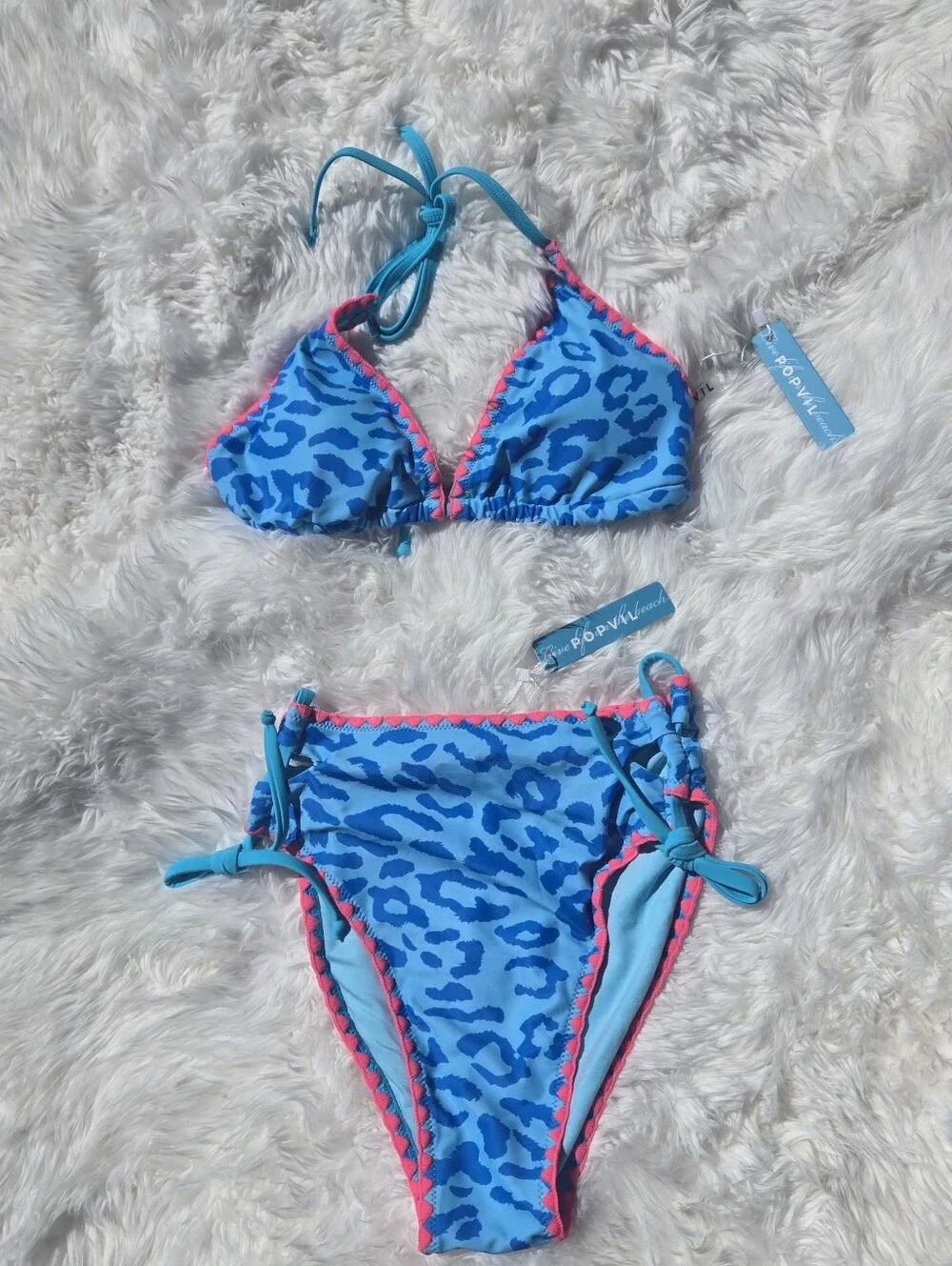 Blue Animal-Print Triangle Bikini Set with Red Trim